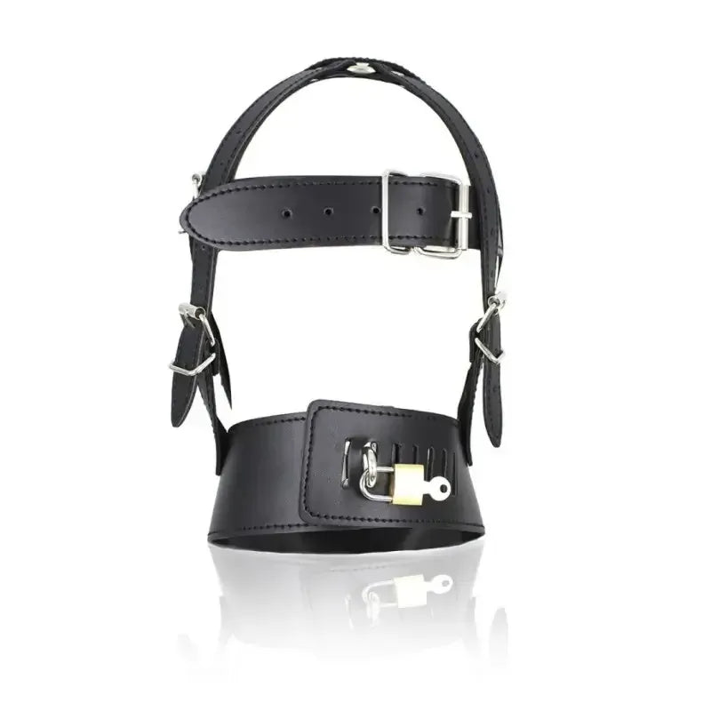 Dominitoy Black Leather BDSM Hood Lockable Head Harness Full Face Mask Restraint