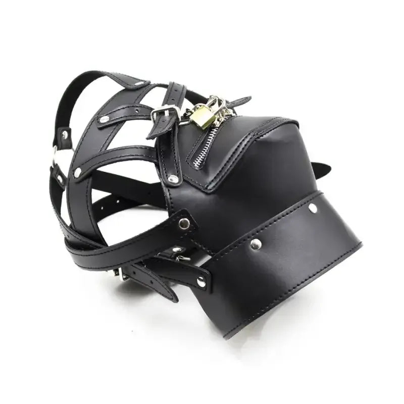 Dominitoy Black Leather BDSM Hood Lockable Head Harness Full Face Mask Restraint