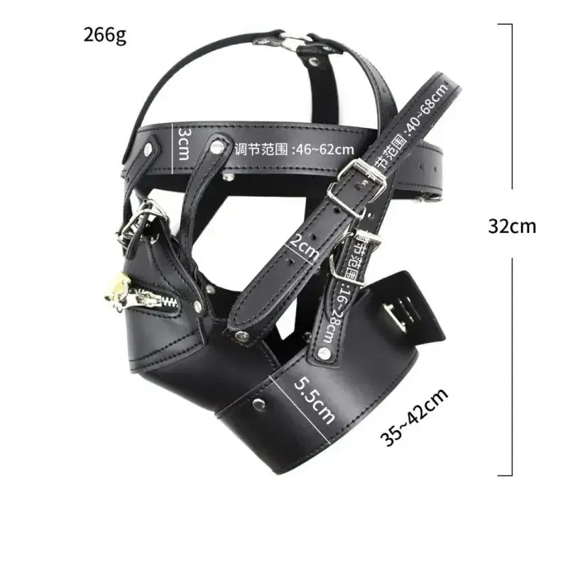 Dominitoy Black Leather BDSM Hood Lockable Head Harness Full Face Mask Restraint