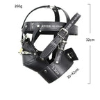 Dominitoy Black Leather BDSM Hood Lockable Head Harness Full Face Mask Restraint