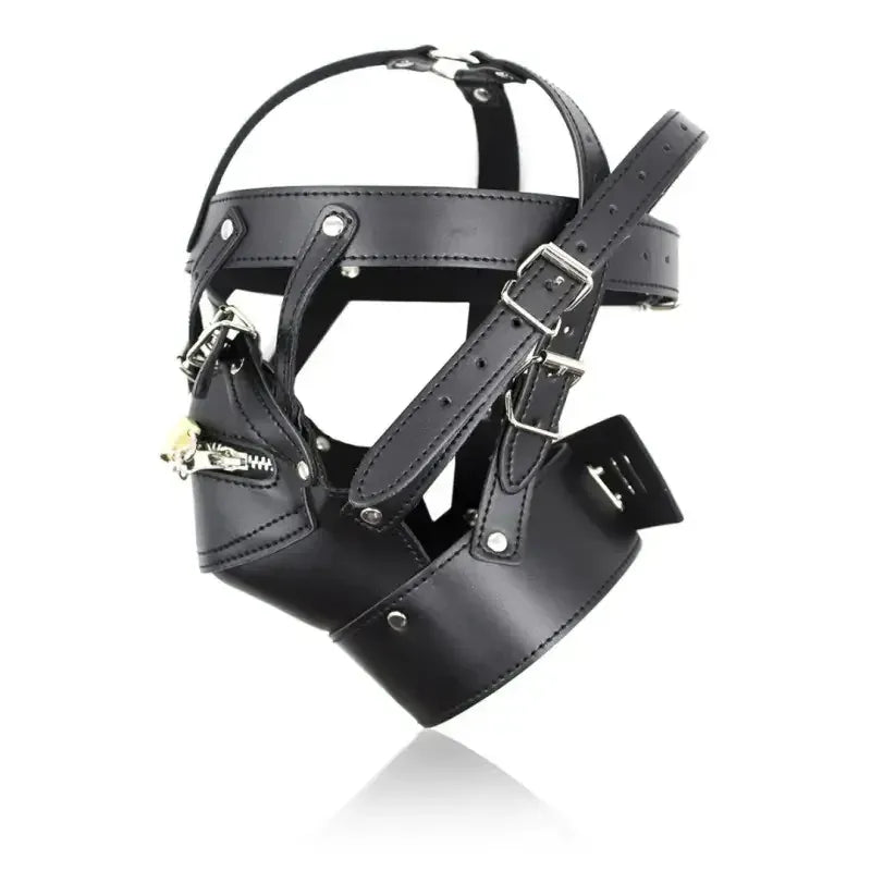 Dominitoy Black Leather BDSM Hood Lockable Head Harness Full Face Mask Restraint