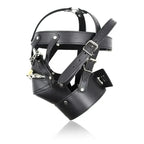Dominitoy Black Leather BDSM Hood Lockable Head Harness Full Face Mask Restraint