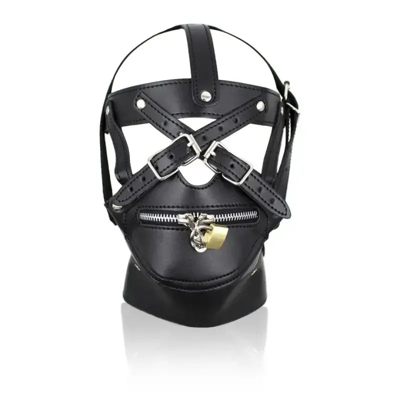 Dominitoy Black Leather BDSM Hood Lockable Head Harness Full Face Mask Restraint