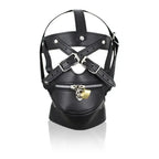 Dominitoy Black Leather BDSM Hood Lockable Head Harness Full Face Mask Restraint