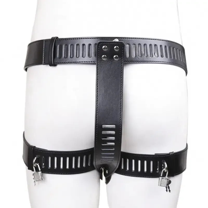 Dominitoy Black Leather Chastity Belt for Women – Adjustable Lockable Harness