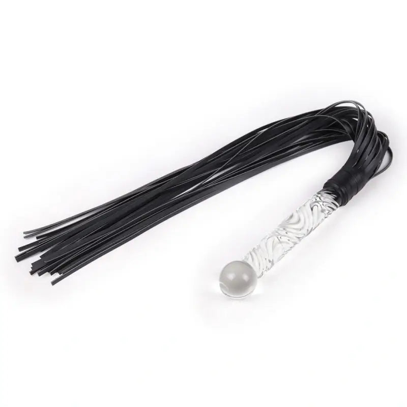 Dominitoy 50cm black leather flogger side view with glass ball handle