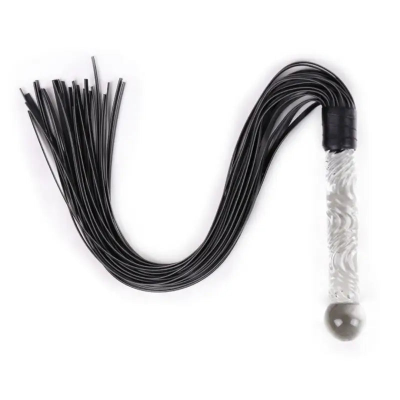 Dominitoy black leather flogger with clear glass-textured handle on white background