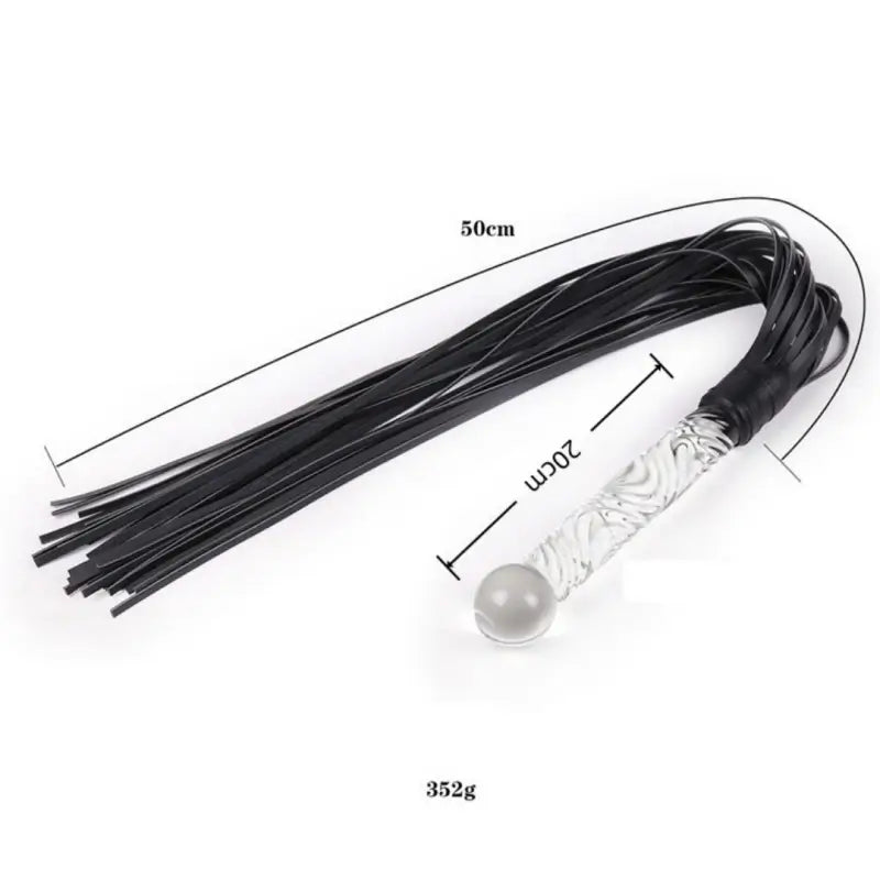  Dominitoy black leather flogger with glass handle - size chart showing 50cm total length