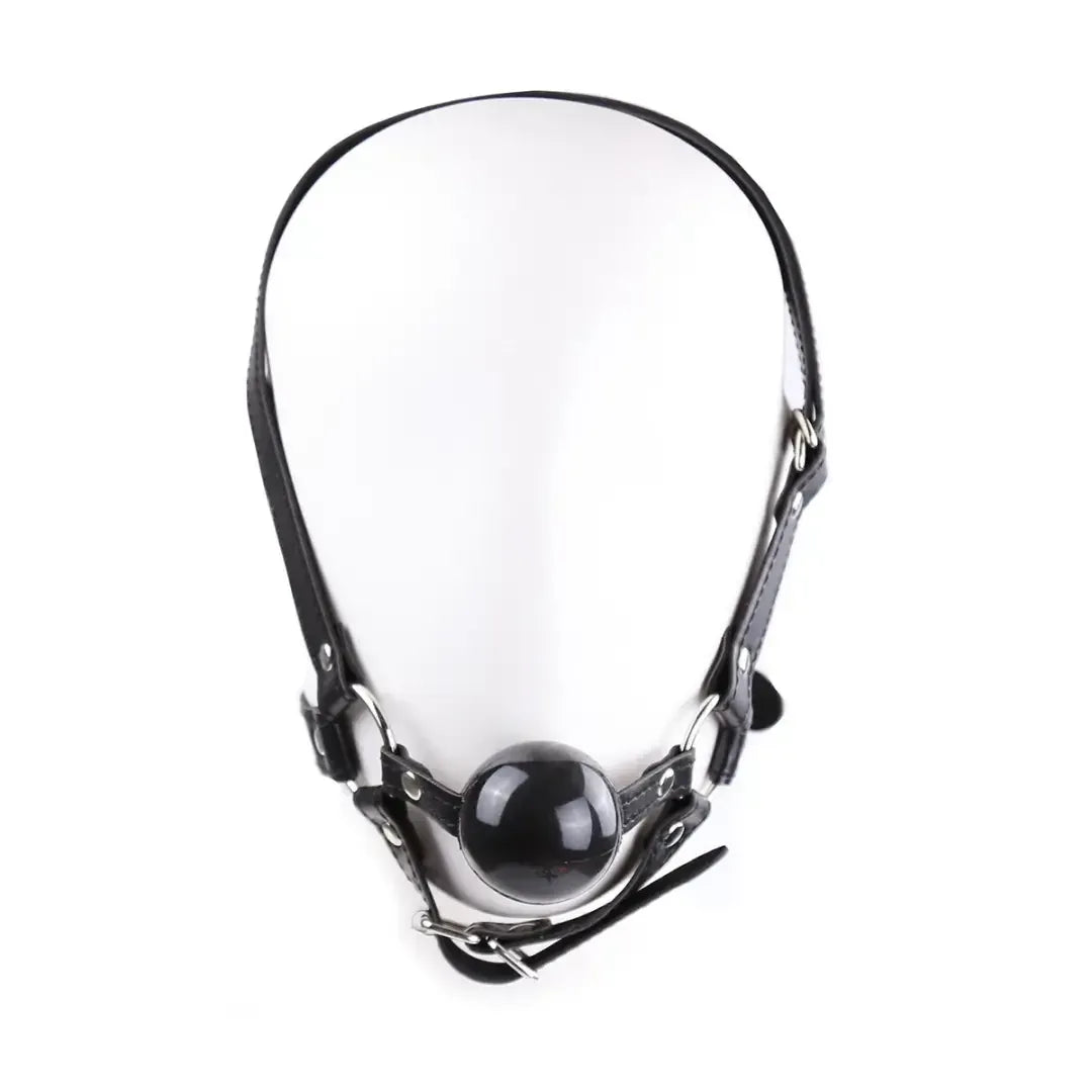 Dominitoy Black Leather Harness Ball Gag — Adjustable Silicone Ball Gag for Couples