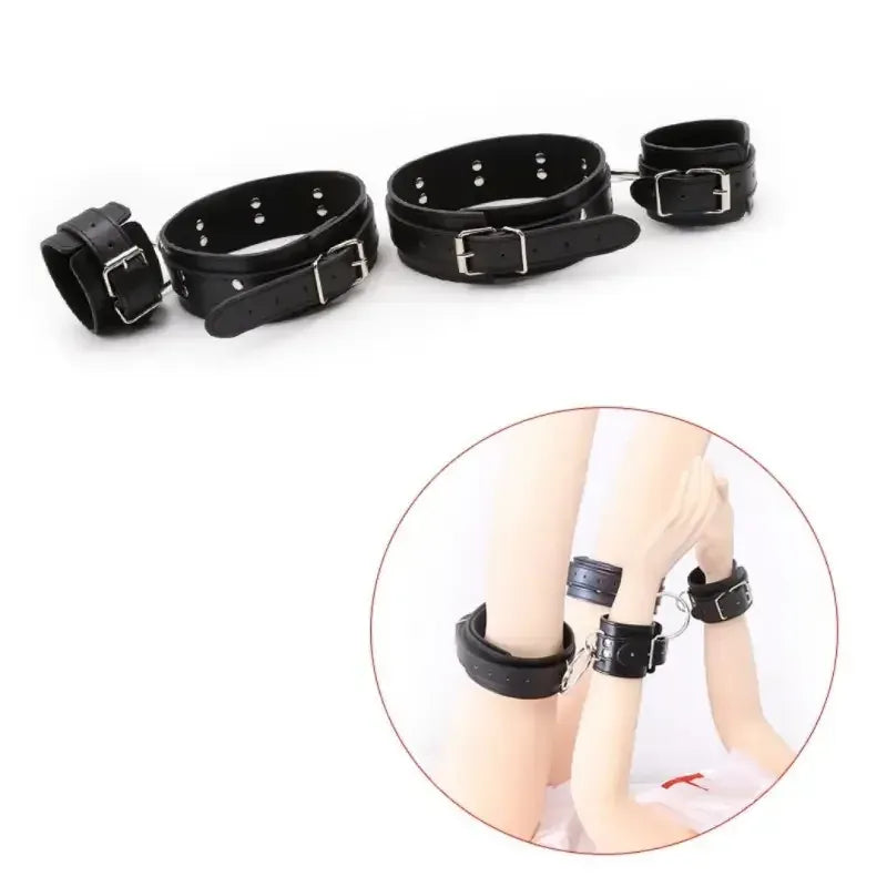 Dominitoy Black Leather Hogtie Restraint Set: Adjustable Ankle & Wrist Bondage Cuffs