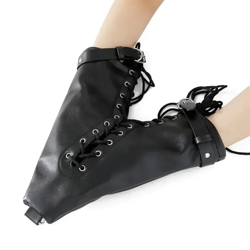 Dominitoy Black Leather Lace-Up Ankle Restraints with D-Rings