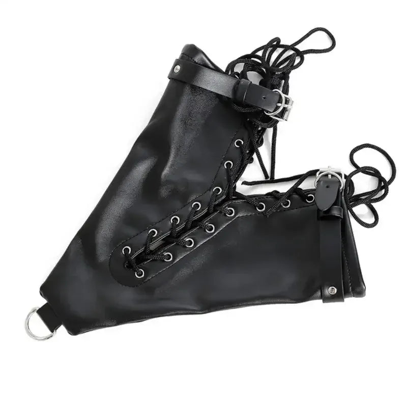 Dominitoy Black Leather Lace-Up Ankle Restraints with D-Rings