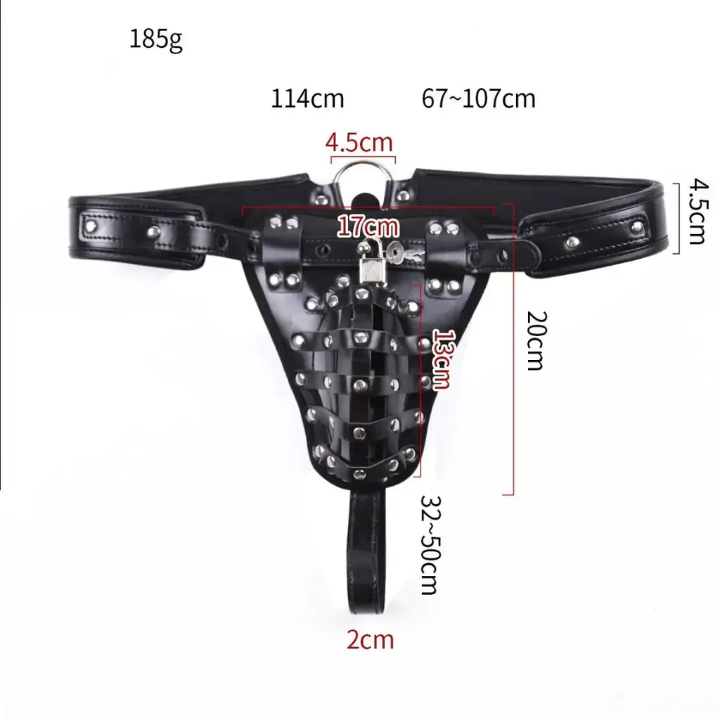 Dominitoy Black Leather Male Chastity Belt - Lockable Penis Cage