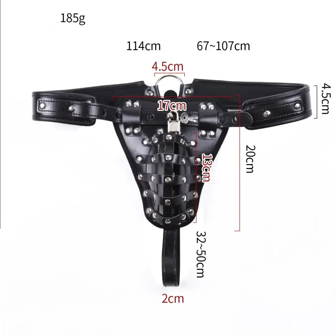 Dominitoy Black Leather Male Chastity Belt - Lockable Penis Cage