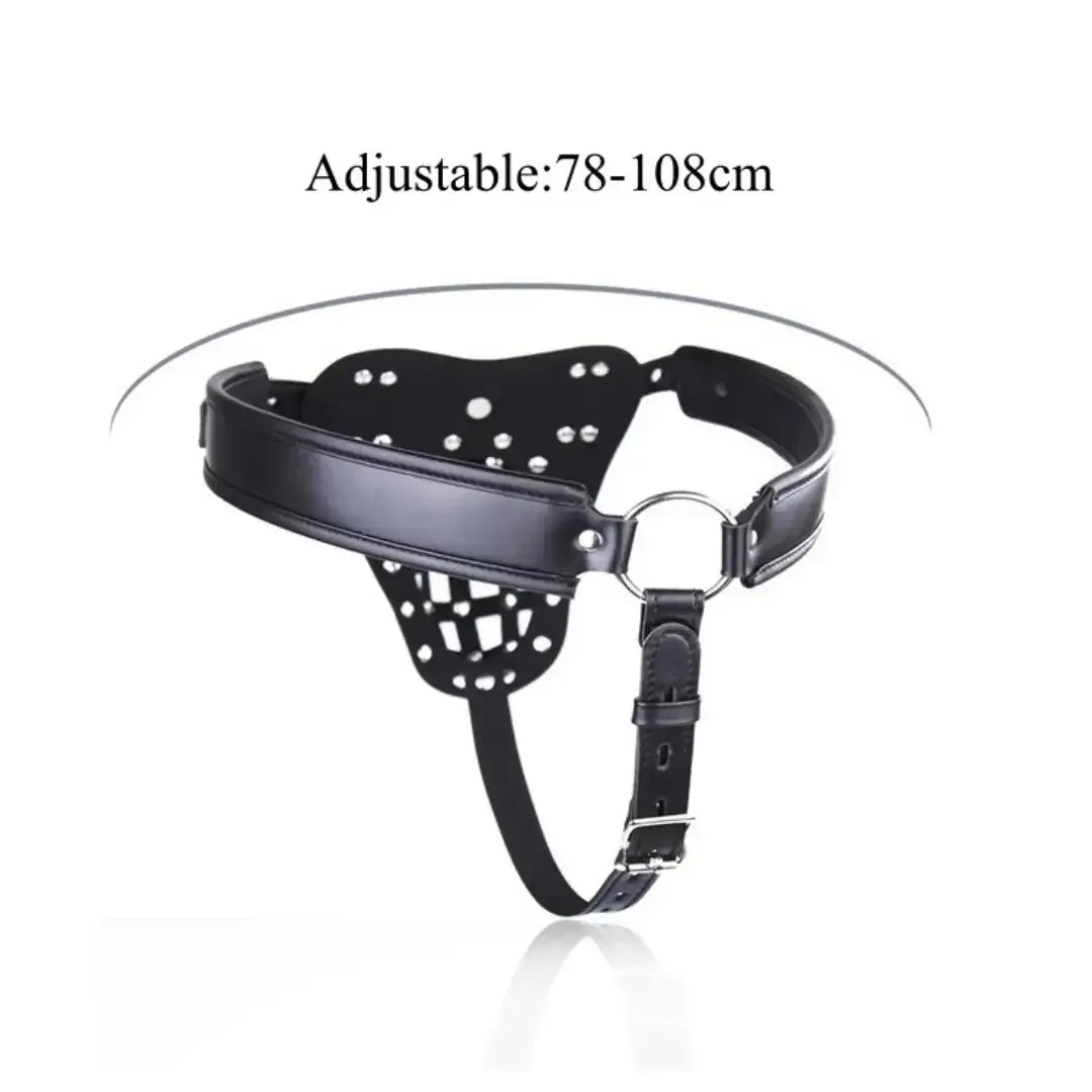 Dominitoy Black Leather Male Chastity Belt - Lockable Penis Cage