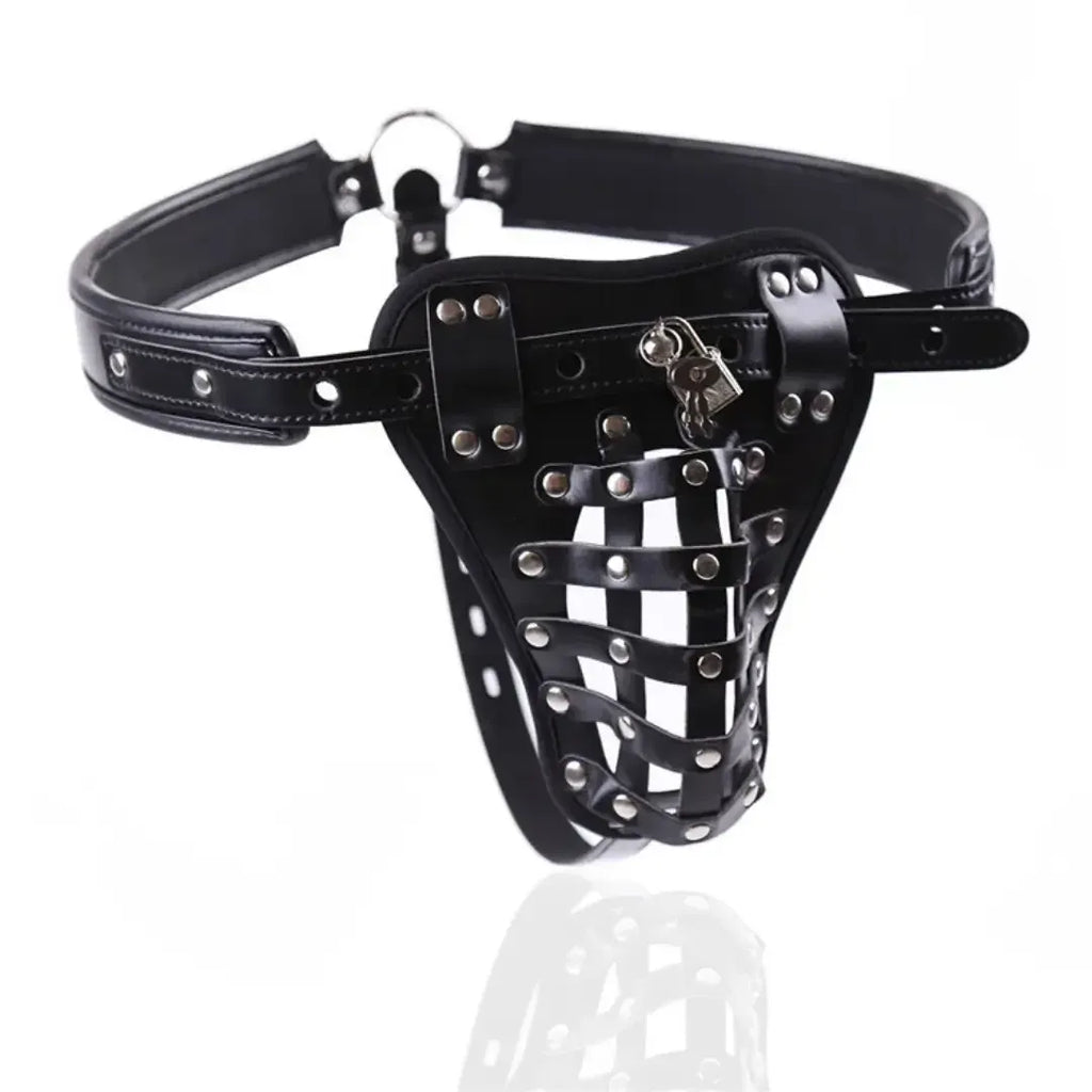 Dominitoy Black Leather Male Chastity Belt - Lockable Penis Cage