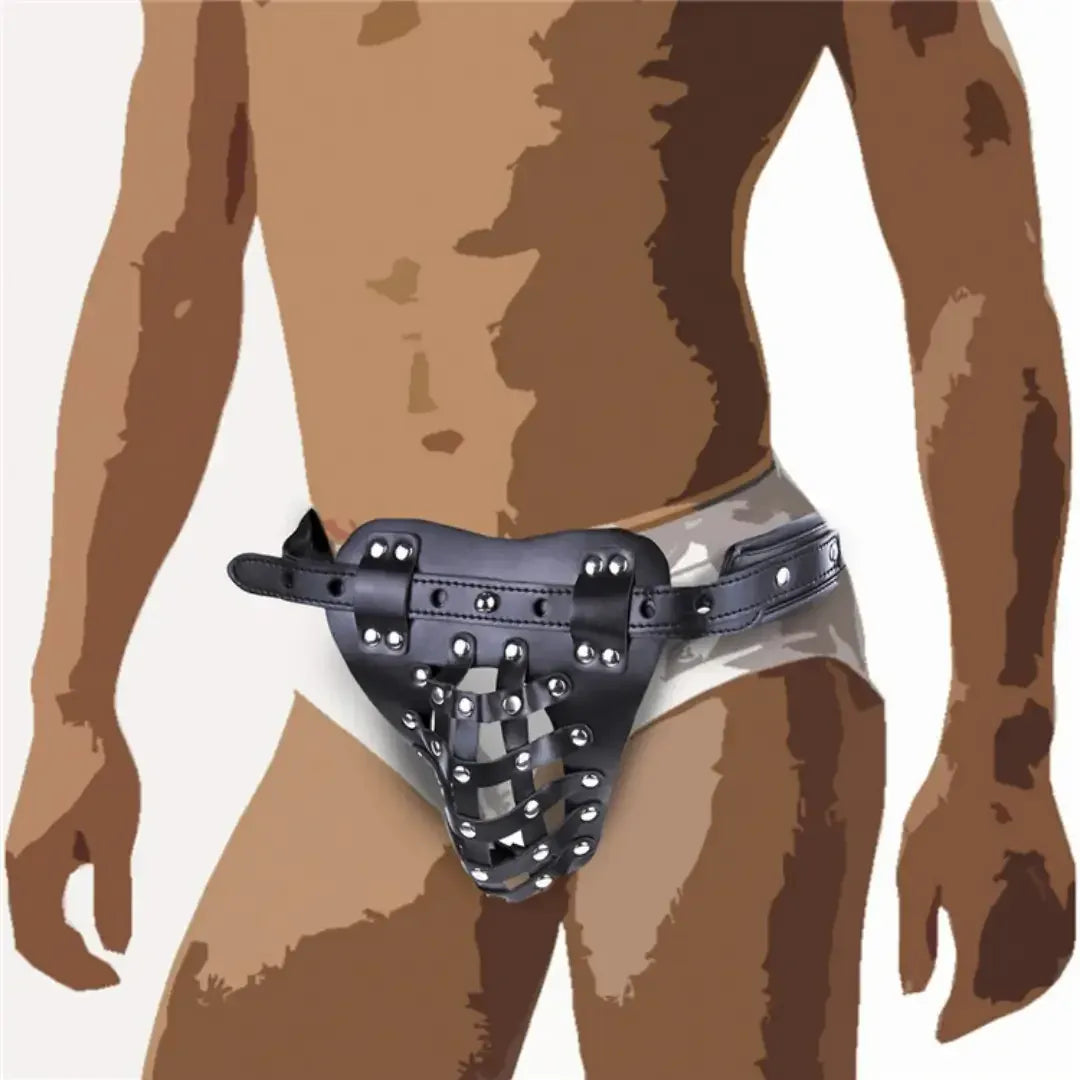 Dominitoy Black Leather Male Chastity Belt - Lockable Penis Cage