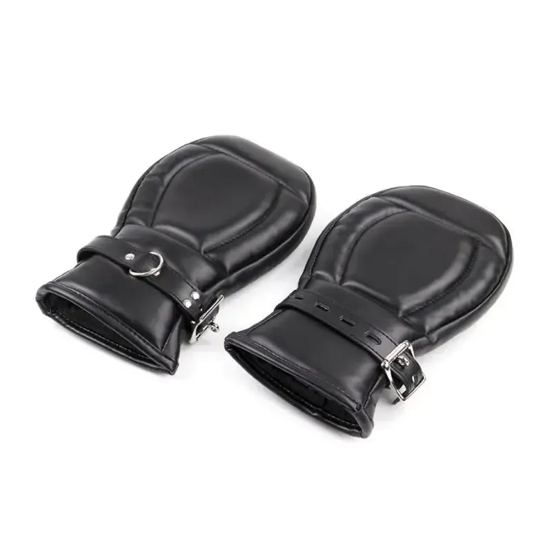 Dominitoy Black Locking PU Padded Bondage Mittens — Adjustable Sponge Restraint Gloves