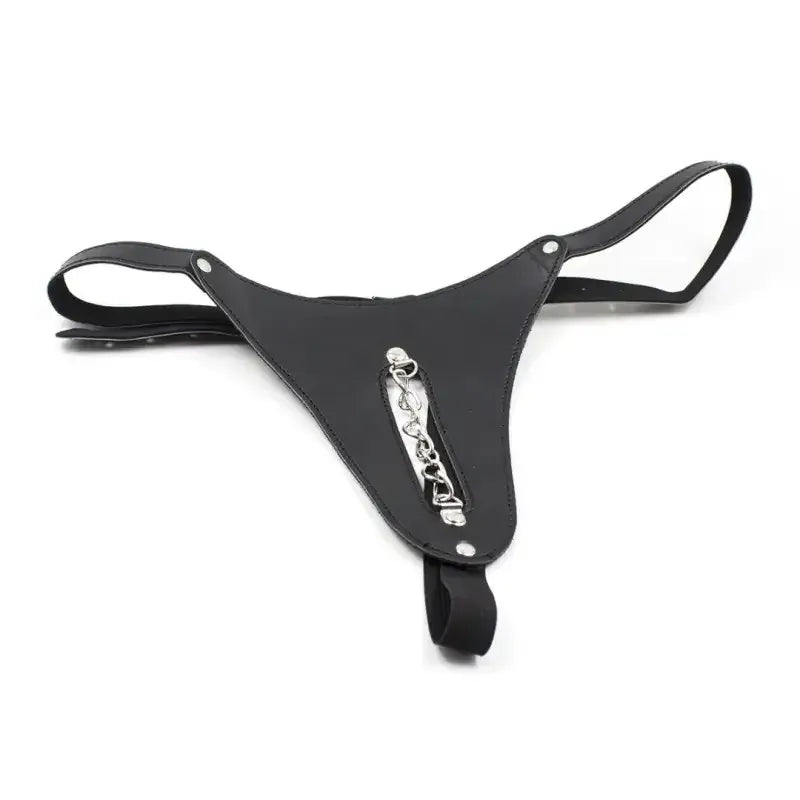 Dominitoy Black / One size Leather Low-Rise Thong with Slim Chain — Adjustable Faux-Leather Fit