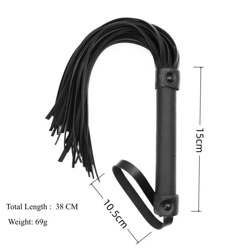 Dominitoy black PU leather flogger size chart showing 38cm length and 69g weight
