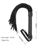 Dominitoy black PU leather flogger size chart showing 38cm length and 69g weight
