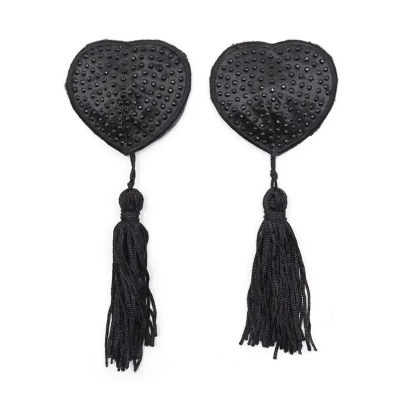 Dominitoy Black Rhinestone Heart Nipple Covers with Tassels - Reusable Crystal Pasties
