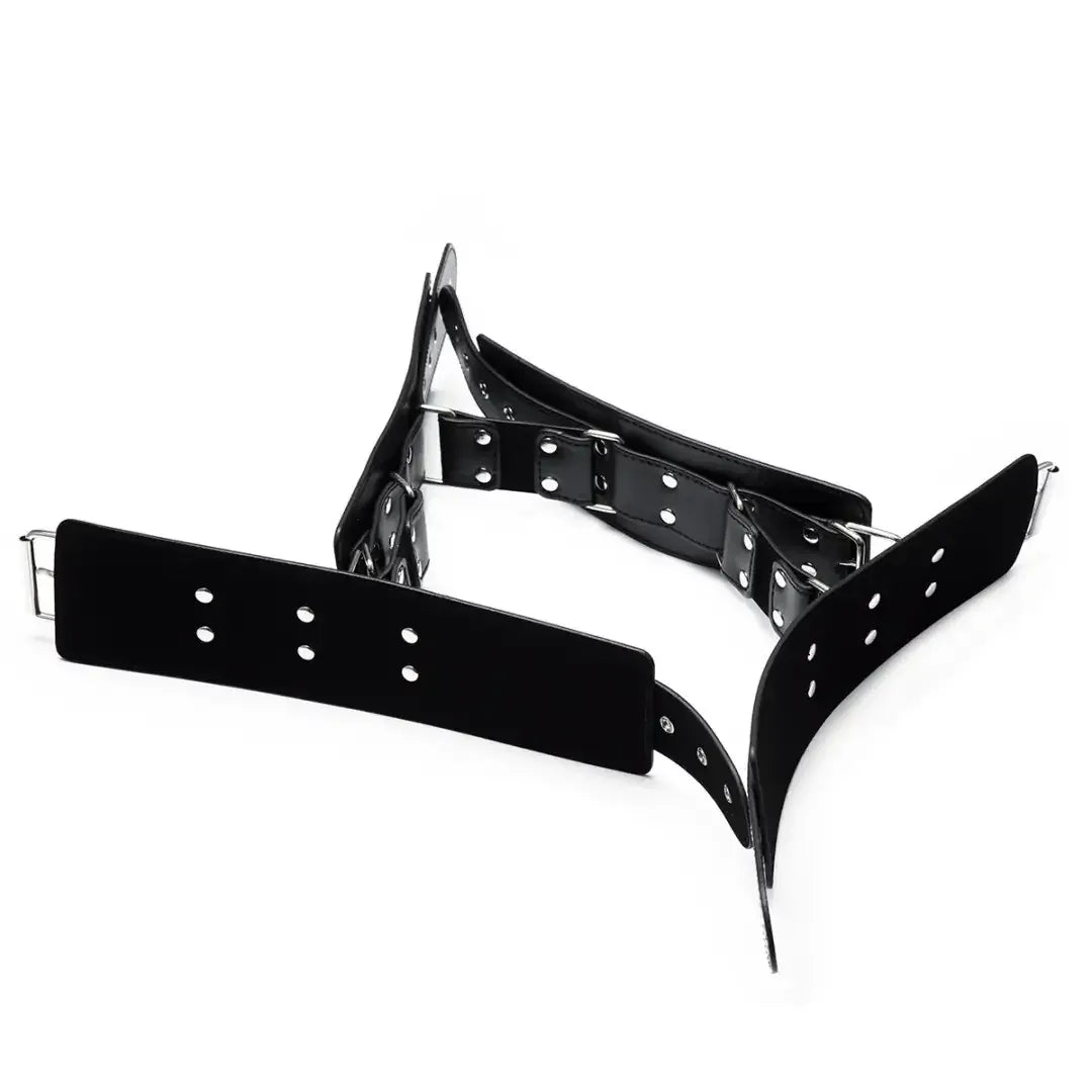 Dominitoy Black Rigid Hogtie Bondage Set - Heavy Duty Leather Restraints & Spreader Bar
