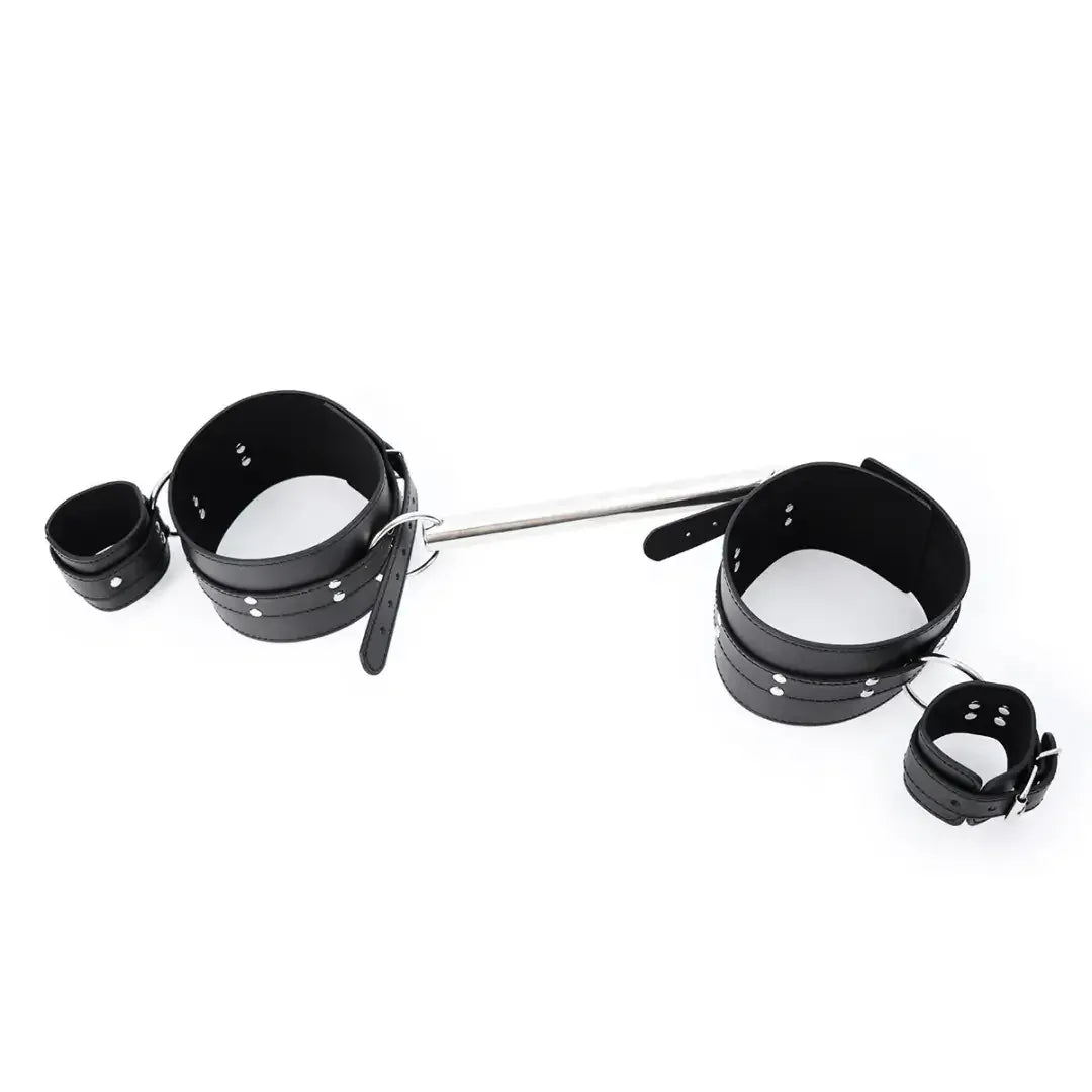 Dominitoy Black Rigid Hogtie Bondage Set - Heavy Duty Leather Restraints & Spreader Bar