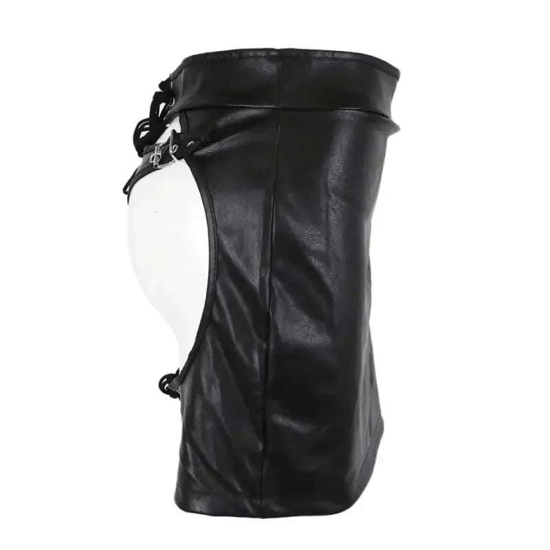 Dominitoy Black Sexy Faux Leather Crotchless Garter Skirt — Adjustable Buckles & Lace-Up