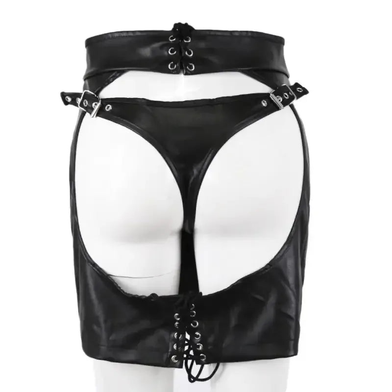 Dominitoy Black Sexy Faux Leather Crotchless Garter Skirt — Adjustable Buckles & Lace-Up