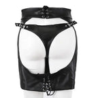 Dominitoy Black Sexy Faux Leather Crotchless Garter Skirt — Adjustable Buckles & Lace-Up