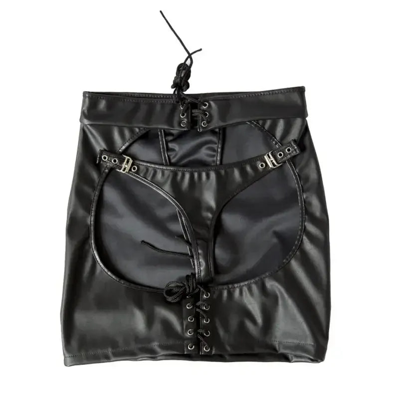 Dominitoy Black Sexy Faux Leather Crotchless Garter Skirt — Adjustable Buckles & Lace-Up