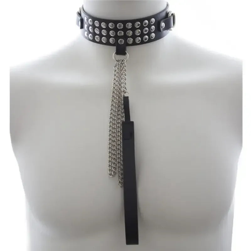Dominitoy Black Studded Black PU Leather Chain Leash & Adjustable Collar Set