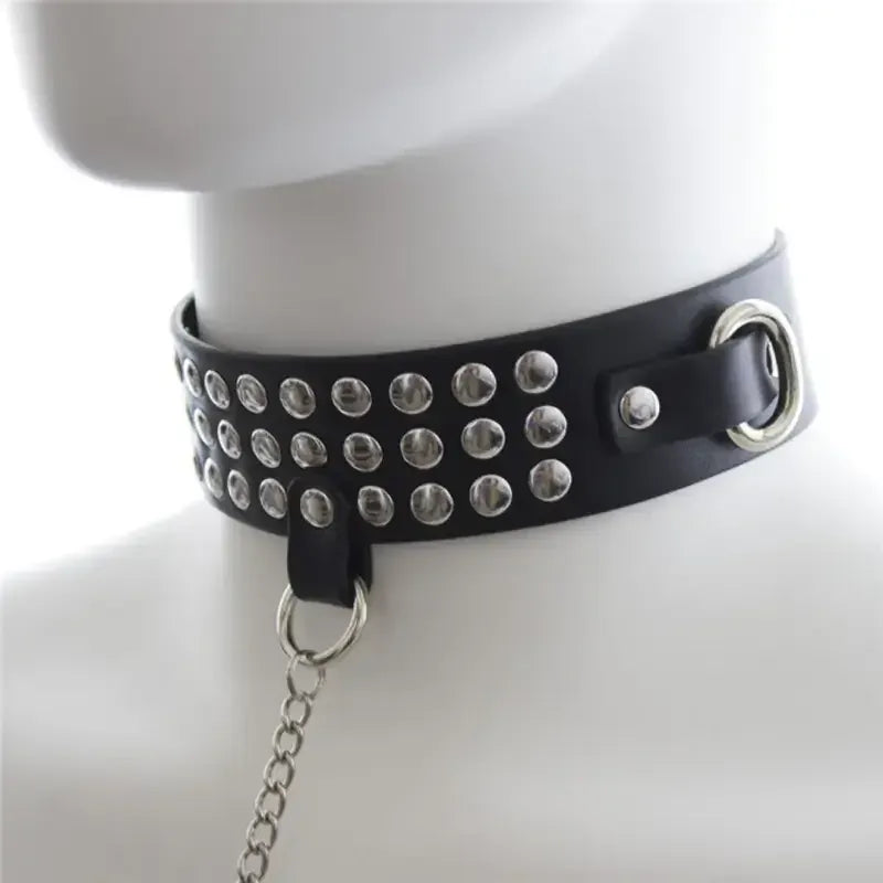 Dominitoy Black Studded Black PU Leather Chain Leash & Adjustable Collar Set