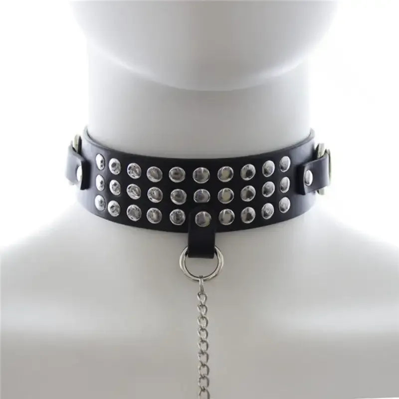 Dominitoy Black Studded Black PU Leather Chain Leash & Adjustable Collar Set
