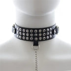 Dominitoy Black Studded Black PU Leather Chain Leash & Adjustable Collar Set