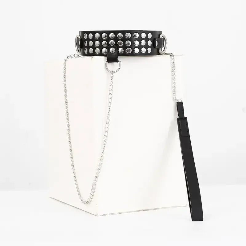 Dominitoy Black Studded Black PU Leather Chain Leash & Adjustable Collar Set