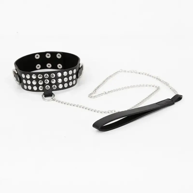 Dominitoy Black Studded Black PU Leather Chain Leash & Adjustable Collar Set
