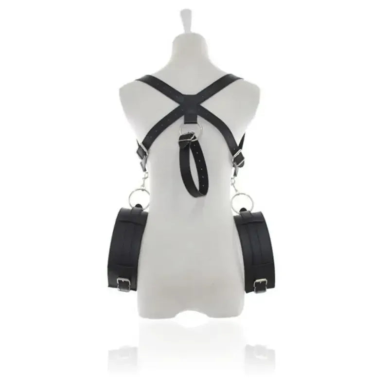Dominitoy Black Thigh Wrist Restraints - Adjustable Leather Bondage Harness