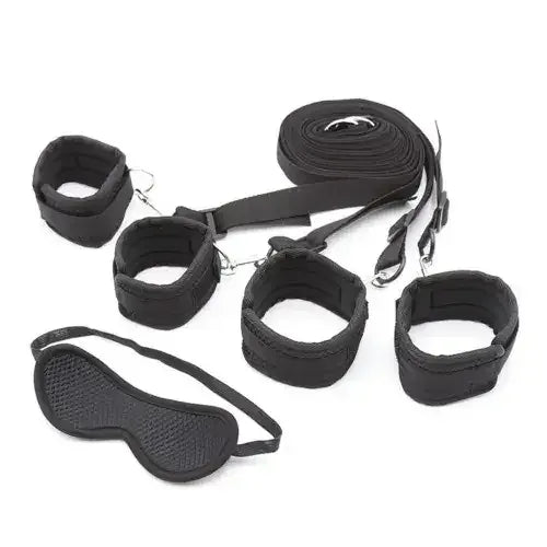 Dominitoy Black Under Bed 4‑Point Restraint Kit, Soft Padded Cuffs & Blindfold