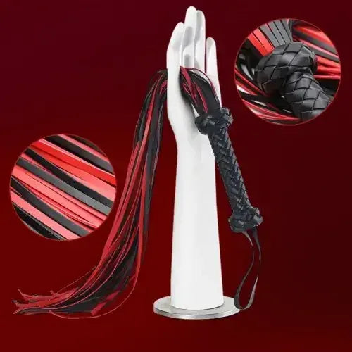 Dominitoy Braided PU Leather Flogger Whip – Black & Red BDSM Toys