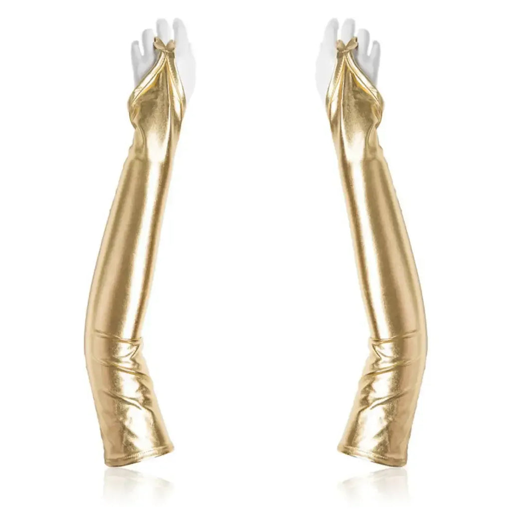 Dominitoy Gold 50cm Long PU Fetish Gloves — Shiny Thumb-Loop Opera Gloves for Roleplay