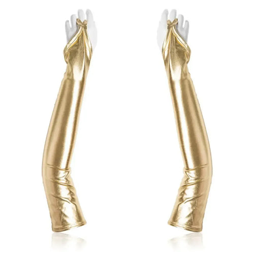 Dominitoy Gold 50cm Long PU Fetish Gloves — Shiny Thumb-Loop Opera Gloves for Roleplay