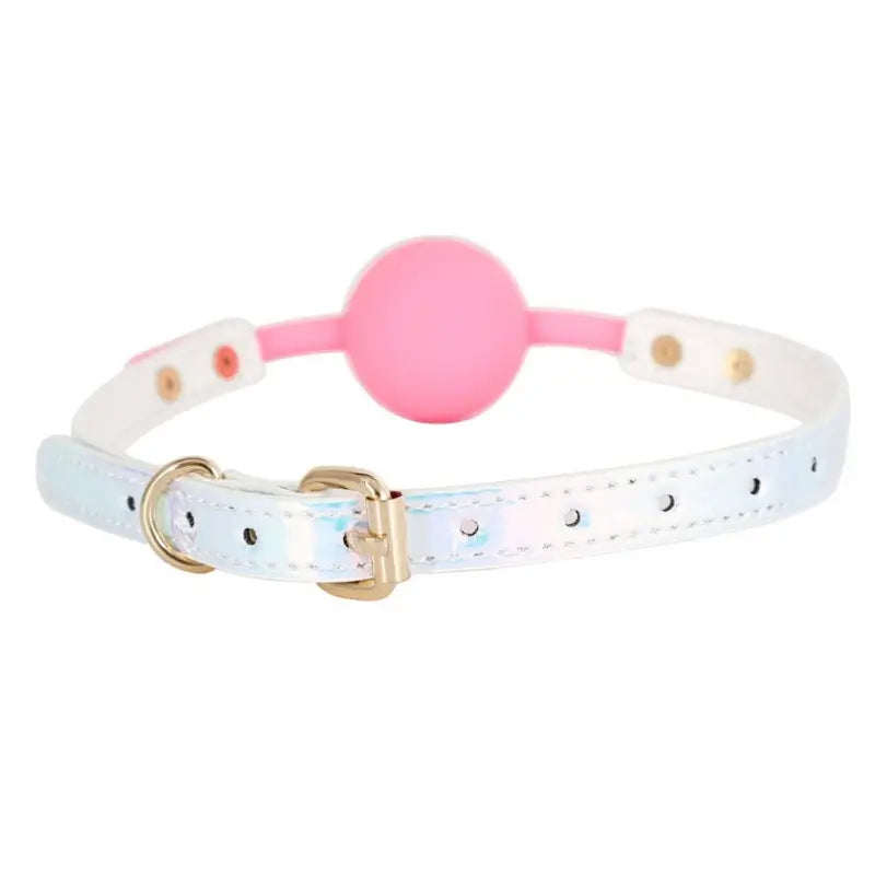 Dominitoy Holographic Ball Gag - Pink Silicone with Iridescent Strap & Rose Gold Hardware