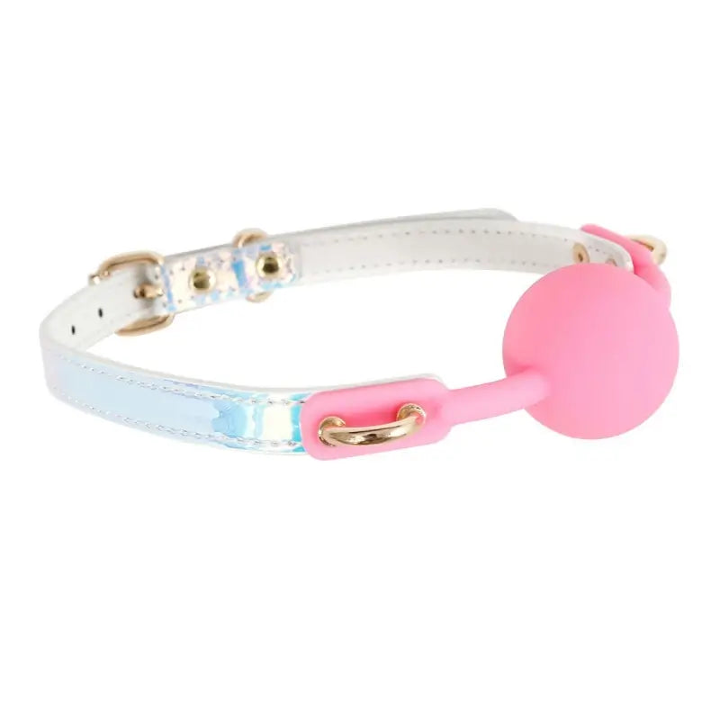 Dominitoy Holographic Ball Gag - Pink Silicone with Iridescent Strap & Rose Gold Hardware