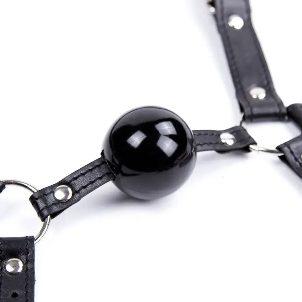 Dominitoy Leather Harness Ball Gag — Adjustable Silicone Ball Gag for Couples