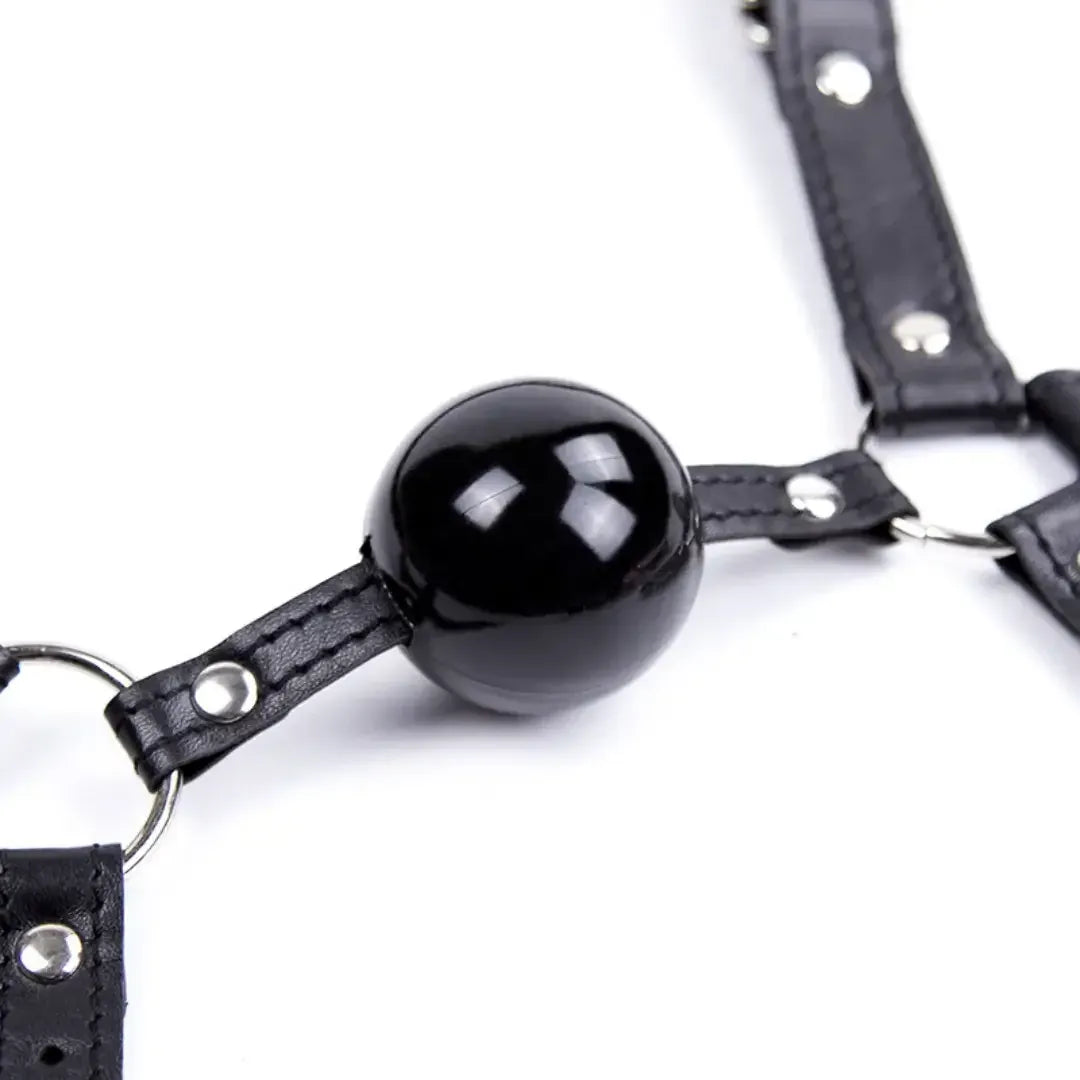 Dominitoy Leather Harness Ball Gag — Adjustable Silicone Ball Gag for Couples