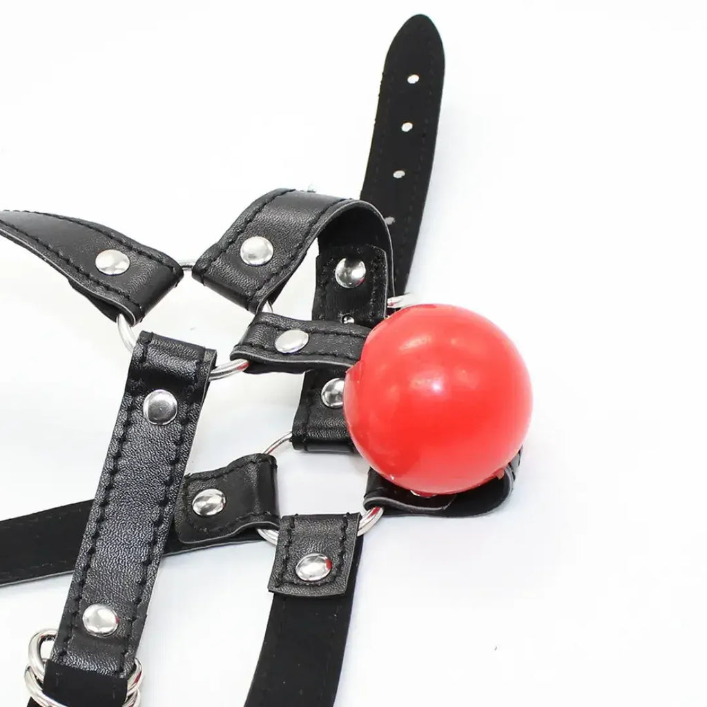 Dominitoy Leather Harness Ball Gag — Adjustable Silicone Ball Gag for Couples