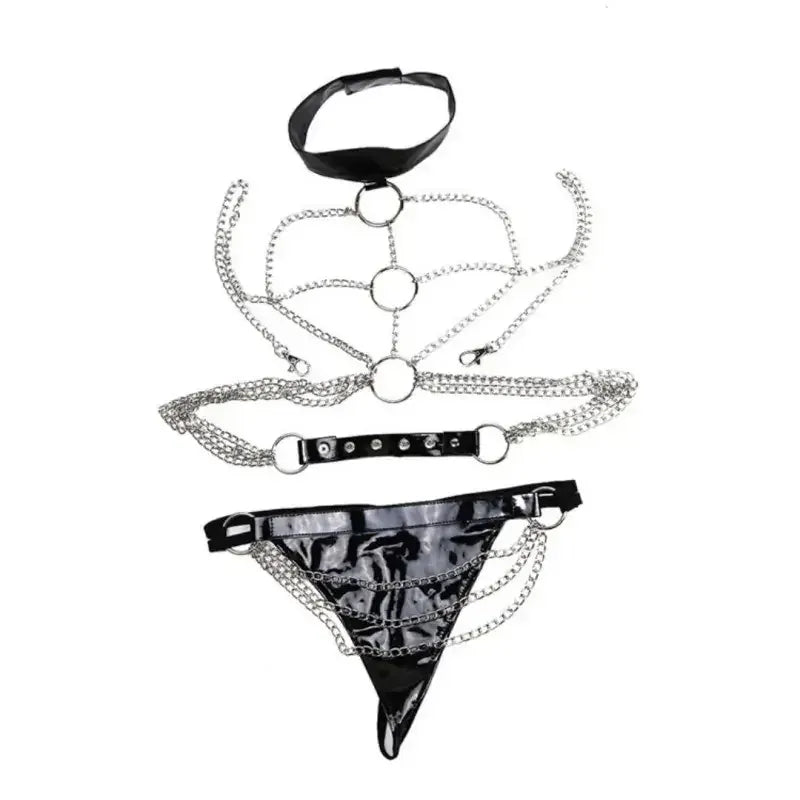 Dominitoy One size Chain Body Harness – PU Leather & Silver Chains for BDSM Play
