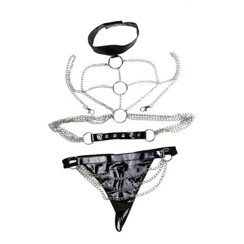 Dominitoy One size Chain Body Harness – PU Leather & Silver Chains for BDSM Play